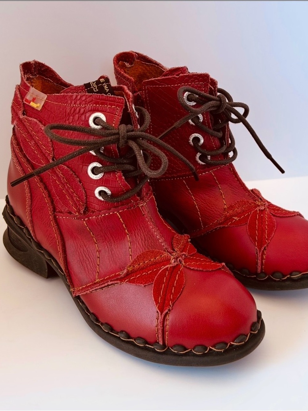 Women's Red Lace-Up Ankle Booties with Decorative Stitching